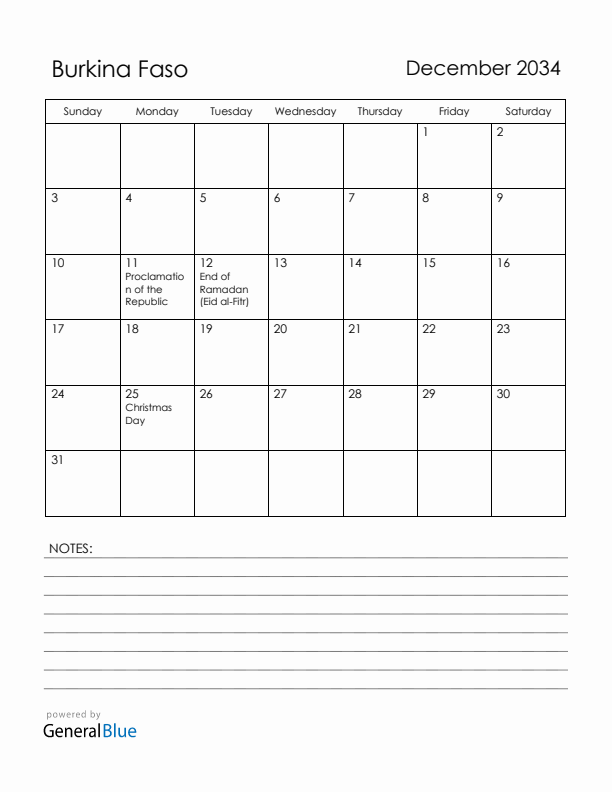 December 2034 Burkina Faso Calendar with Holidays (Sunday Start)