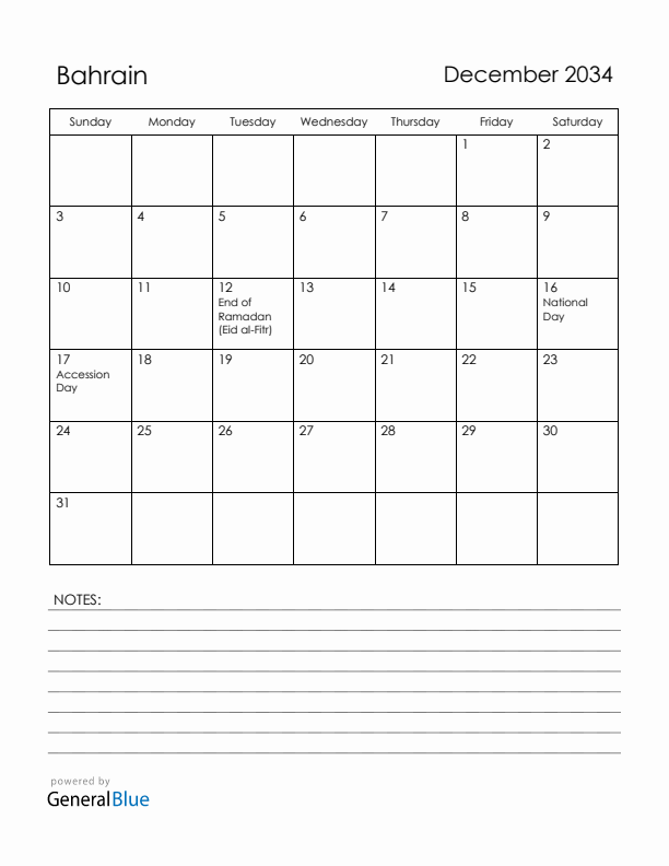 December 2034 Bahrain Calendar with Holidays (Sunday Start)