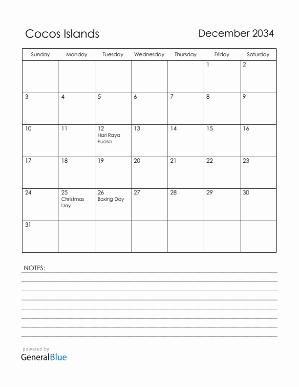 December 2034 Cocos Islands Calendar with Holidays (Sunday Start)