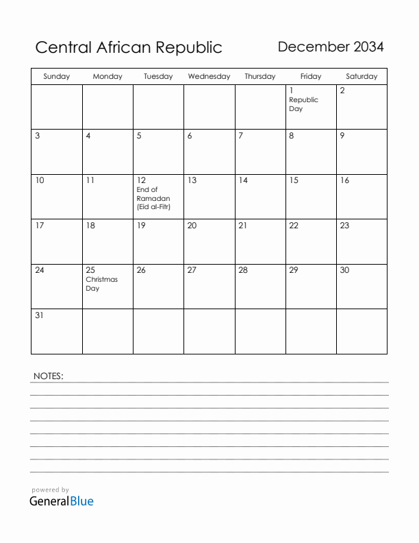 December 2034 Central African Republic Calendar with Holidays (Sunday Start)