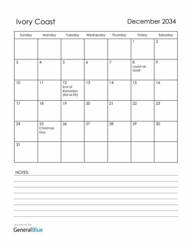 December 2034 Ivory Coast Calendar with Holidays (Sunday Start)