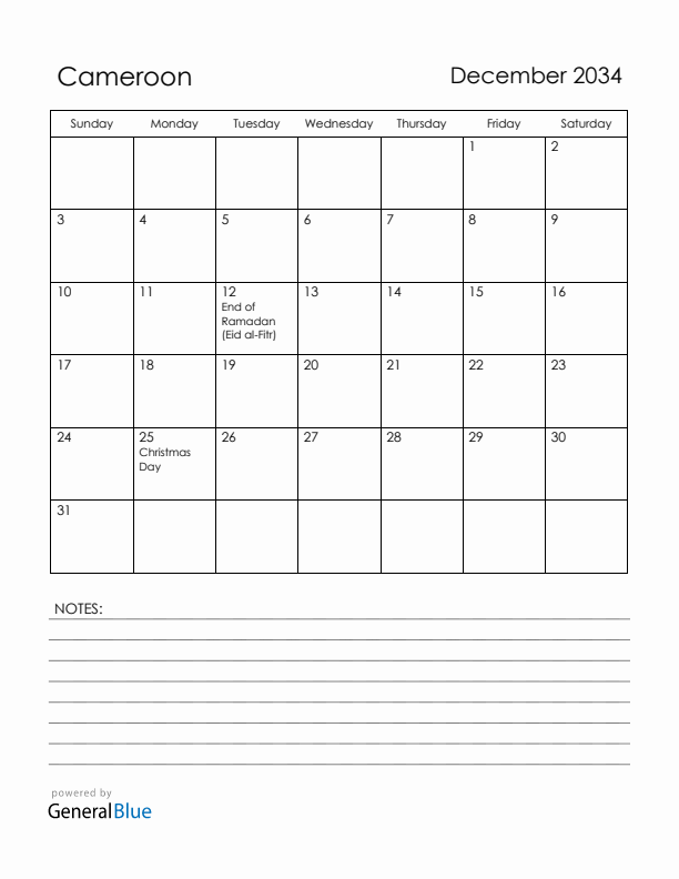 December 2034 Cameroon Calendar with Holidays (Sunday Start)
