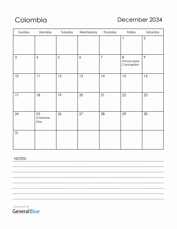 December 2034 Colombia Calendar with Holidays (Sunday Start)