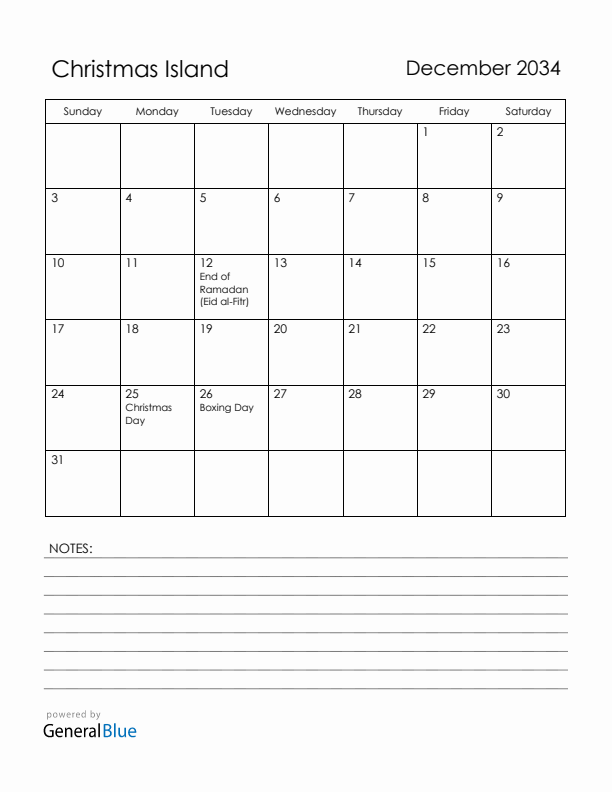 December 2034 Christmas Island Calendar with Holidays (Sunday Start)