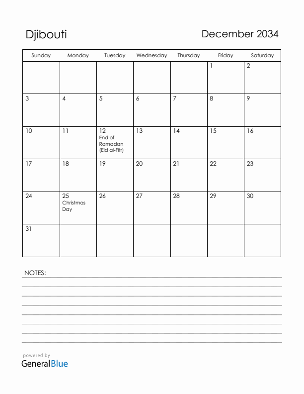 December 2034 Djibouti Calendar with Holidays (Sunday Start)