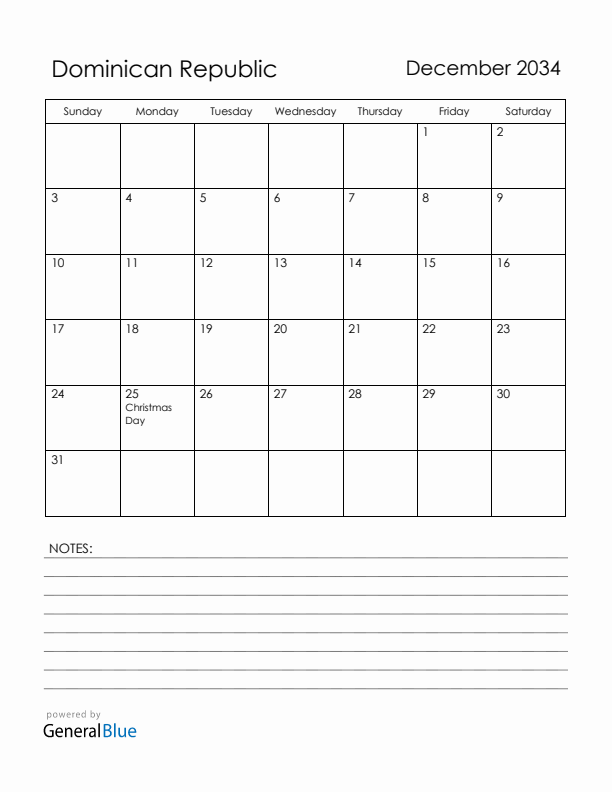 December 2034 Dominican Republic Calendar with Holidays (Sunday Start)
