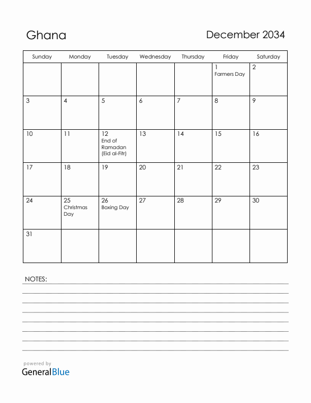 December 2034 Ghana Calendar with Holidays (Sunday Start)