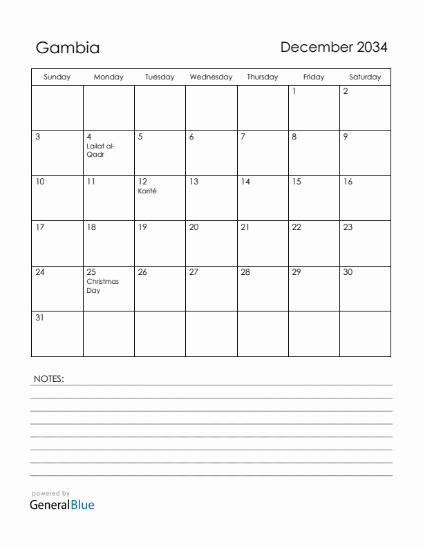December 2034 Gambia Calendar with Holidays (Sunday Start)