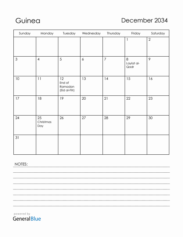 December 2034 Guinea Calendar with Holidays (Sunday Start)