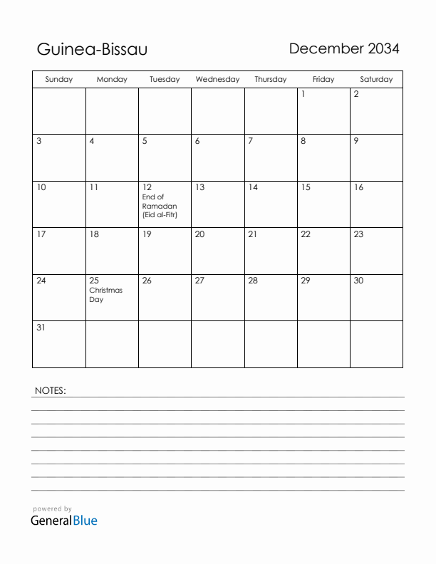 December 2034 Guinea-Bissau Calendar with Holidays (Sunday Start)