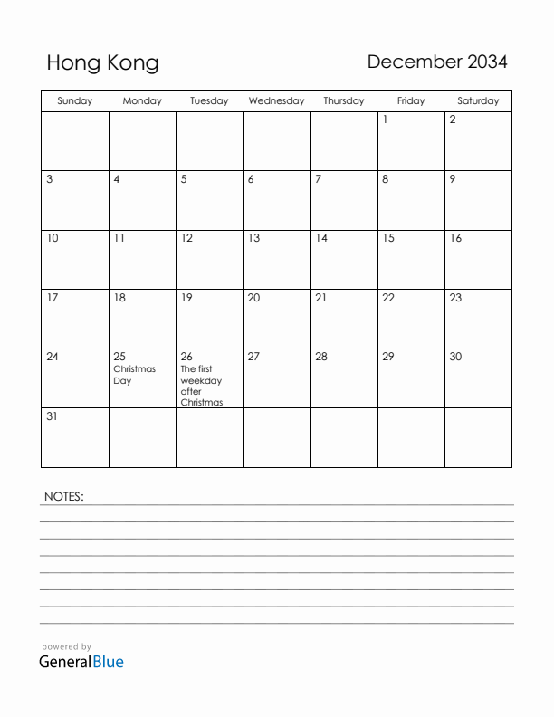 December 2034 Hong Kong Calendar with Holidays (Sunday Start)