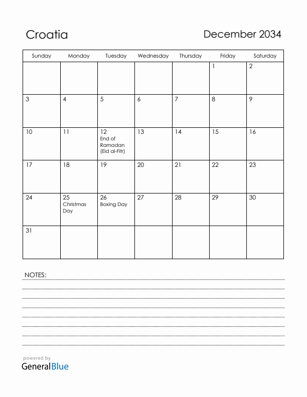 December 2034 Croatia Calendar with Holidays (Sunday Start)