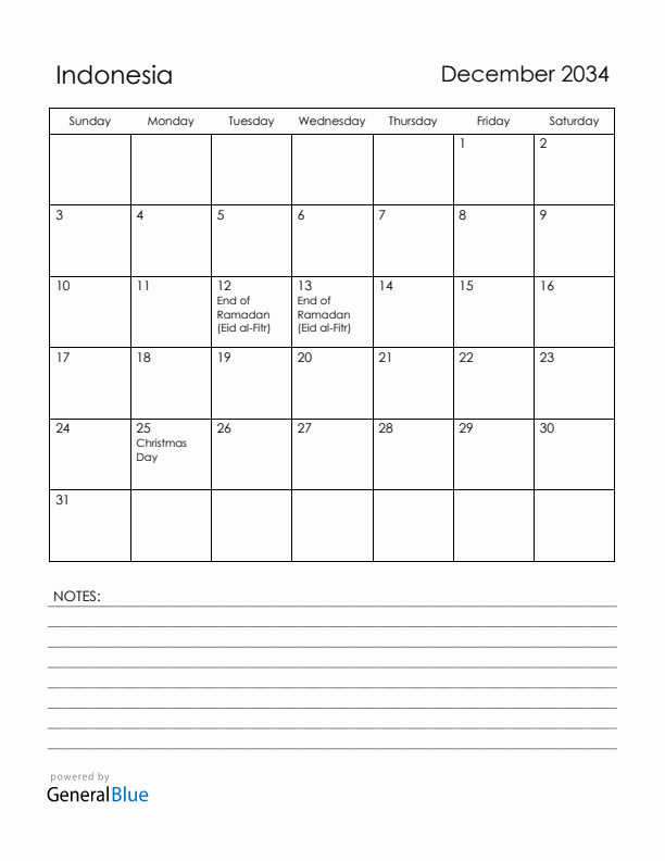 December 2034 Indonesia Calendar with Holidays (Sunday Start)