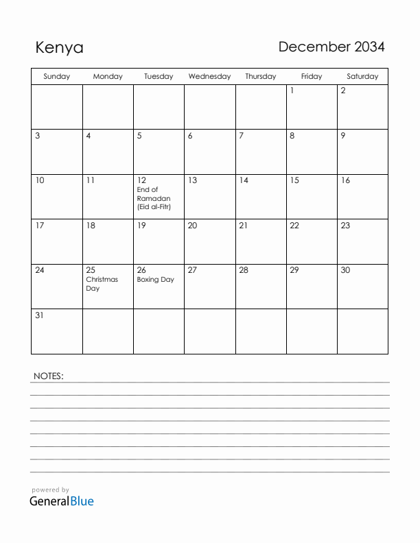 December 2034 Kenya Calendar with Holidays (Sunday Start)