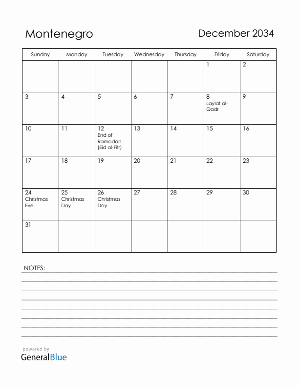 December 2034 Montenegro Calendar with Holidays (Sunday Start)