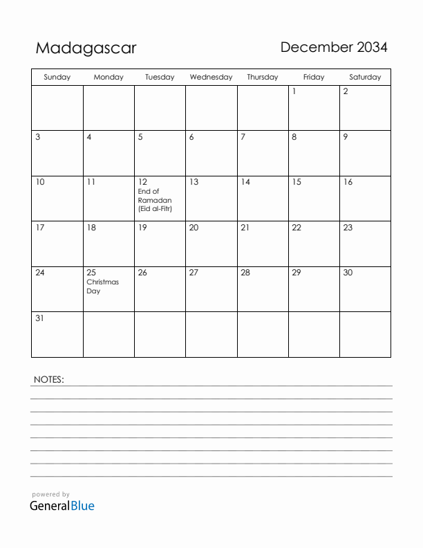 December 2034 Madagascar Calendar with Holidays (Sunday Start)