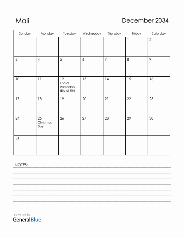 December 2034 Mali Calendar with Holidays (Sunday Start)