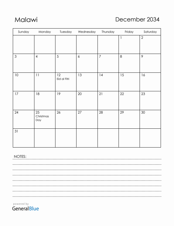 December 2034 Malawi Calendar with Holidays (Sunday Start)