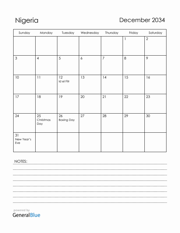 December 2034 Nigeria Calendar with Holidays (Sunday Start)