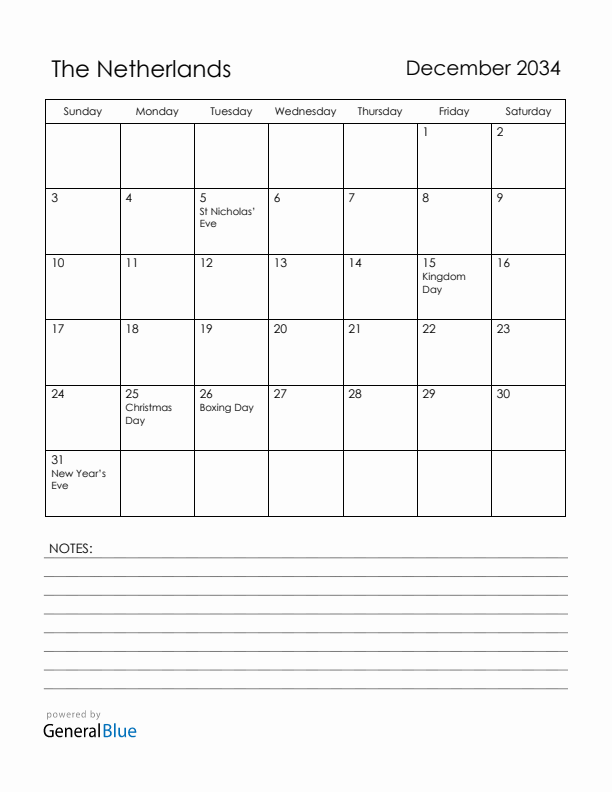 December 2034 The Netherlands Calendar with Holidays (Sunday Start)