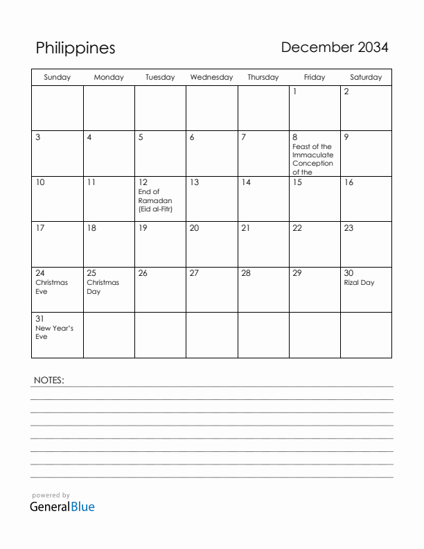 December 2034 Philippines Calendar with Holidays (Sunday Start)