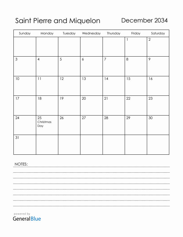 December 2034 Saint Pierre and Miquelon Calendar with Holidays (Sunday Start)