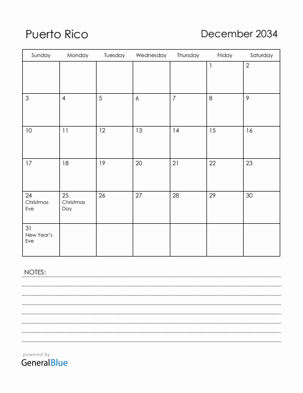 December 2034 Puerto Rico Calendar with Holidays (Sunday Start)