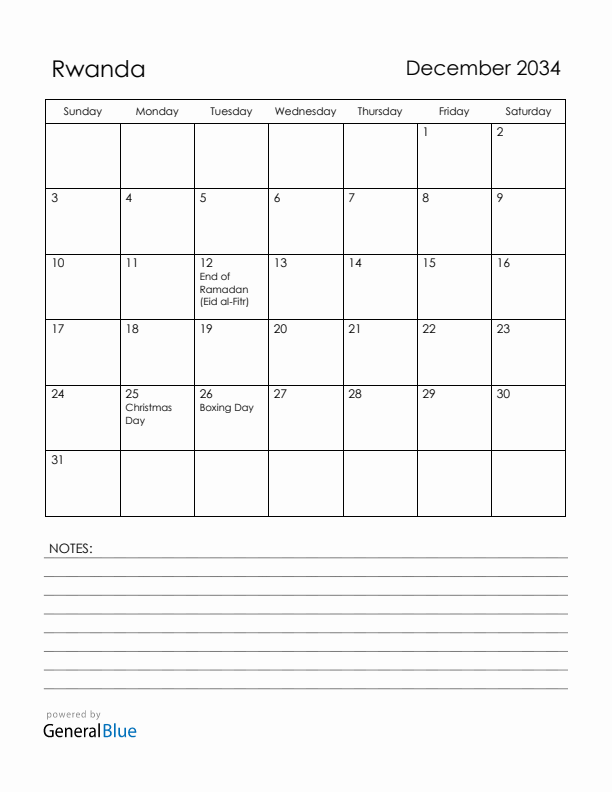 December 2034 Rwanda Calendar with Holidays (Sunday Start)