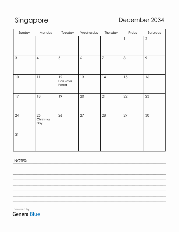 December 2034 Singapore Calendar with Holidays (Sunday Start)