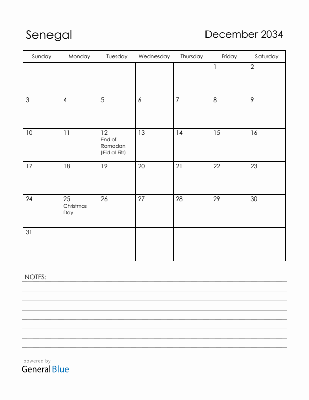 December 2034 Senegal Calendar with Holidays (Sunday Start)