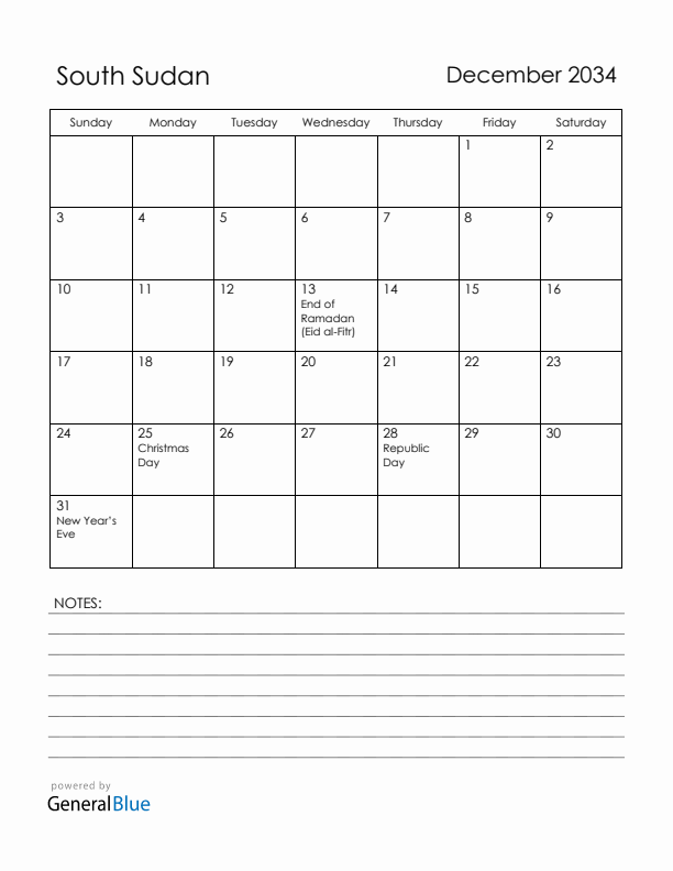 December 2034 South Sudan Calendar with Holidays (Sunday Start)