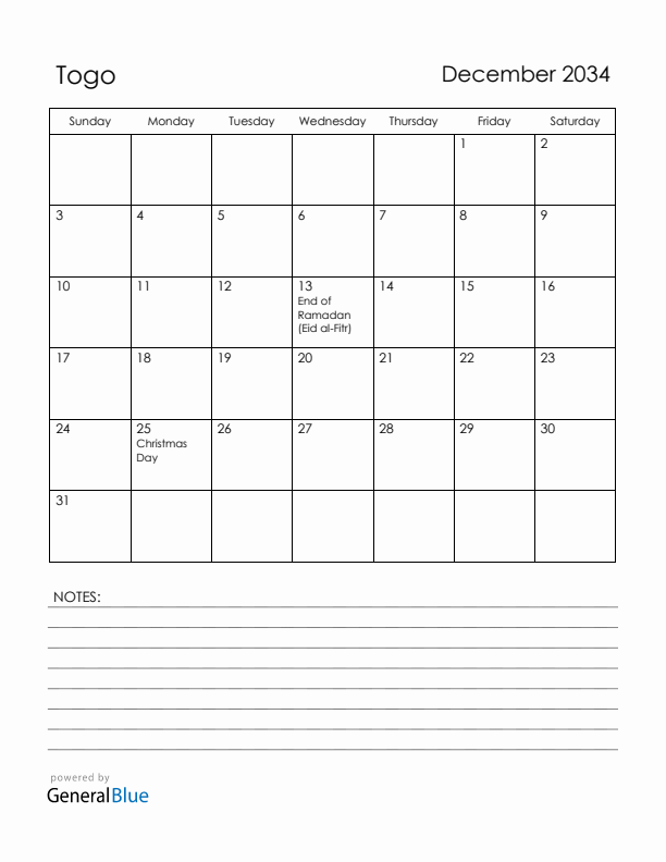 December 2034 Togo Calendar with Holidays (Sunday Start)