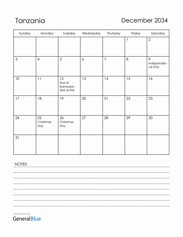 December 2034 Tanzania Calendar with Holidays (Sunday Start)