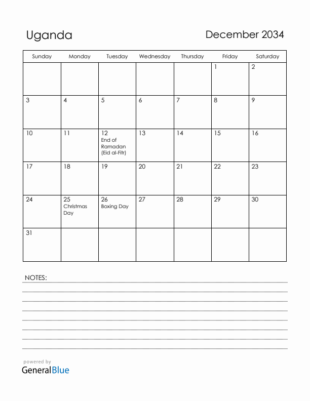 December 2034 Uganda Calendar with Holidays (Sunday Start)