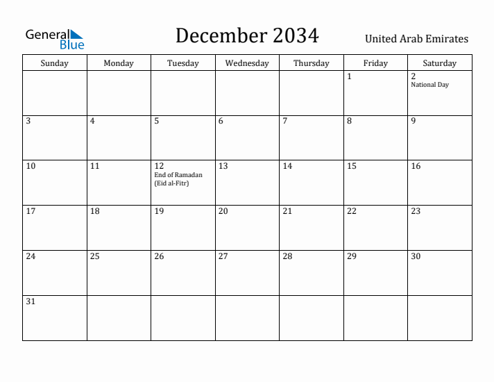 December 2034 Calendar United Arab Emirates