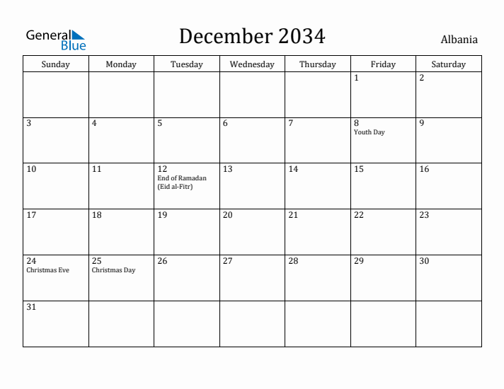 December 2034 Calendar Albania