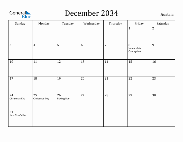 December 2034 Calendar Austria