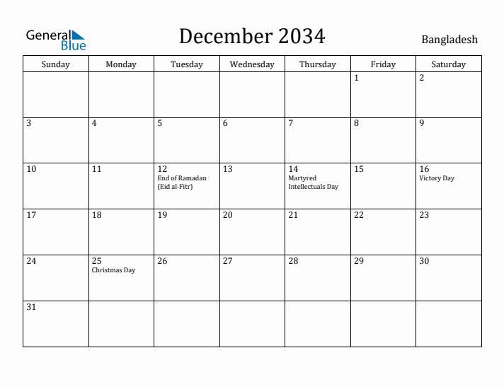 December 2034 Calendar Bangladesh