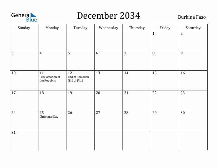 December 2034 Calendar Burkina Faso
