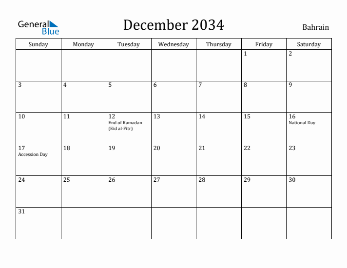 December 2034 Calendar Bahrain