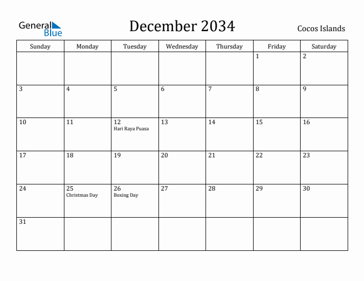 December 2034 Calendar Cocos Islands