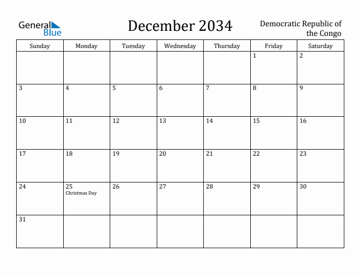 December 2034 Calendar Democratic Republic of the Congo