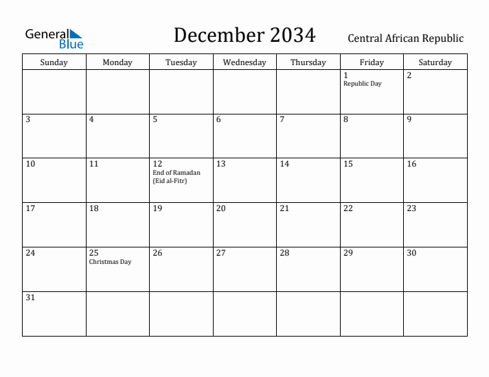 December 2034 Calendar Central African Republic