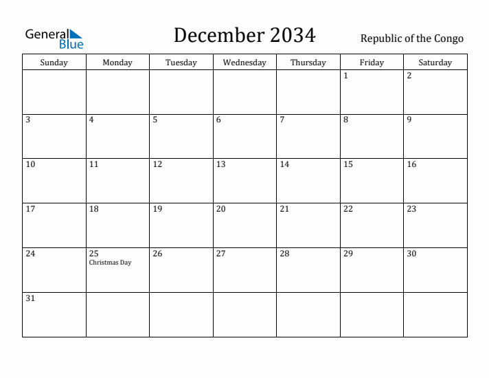 December 2034 Calendar Republic of the Congo