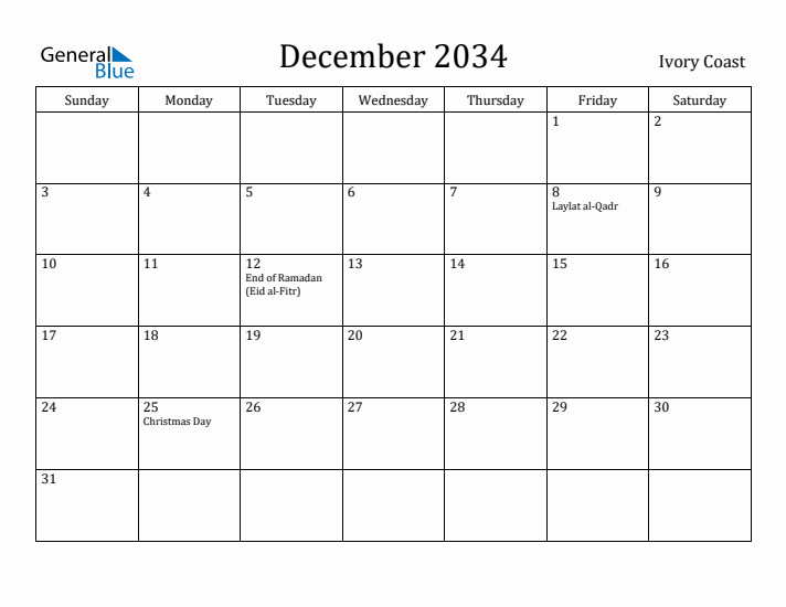 December 2034 Calendar Ivory Coast