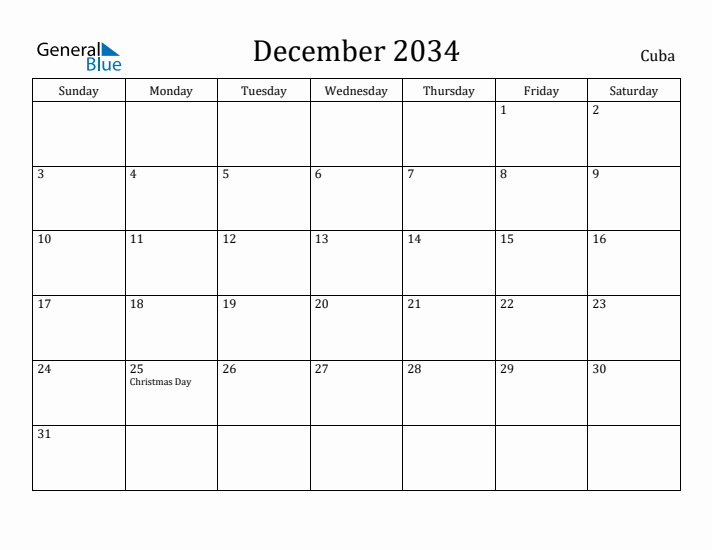 December 2034 Calendar Cuba