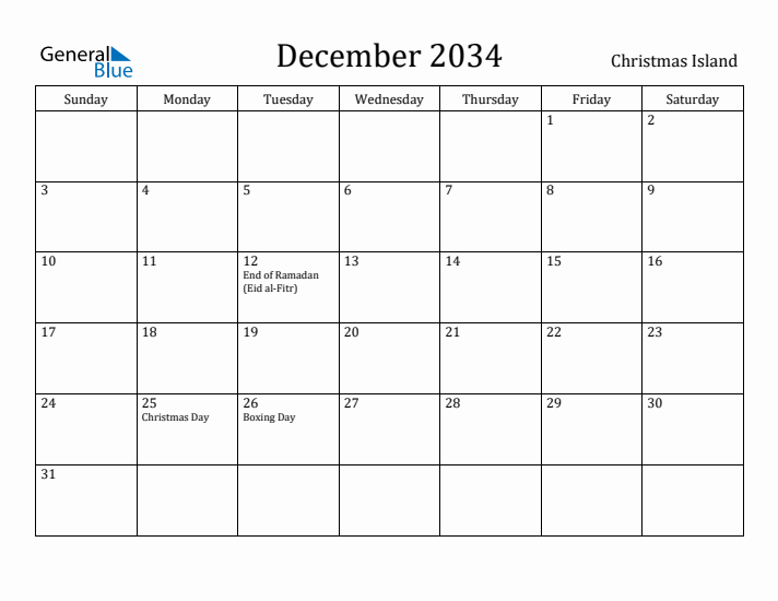 December 2034 Calendar Christmas Island