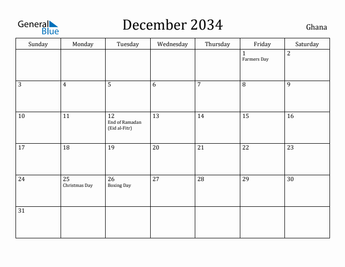 December 2034 Calendar Ghana