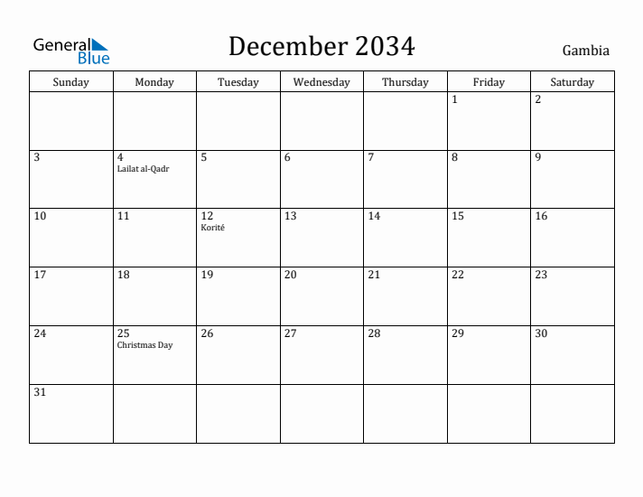 December 2034 Calendar Gambia