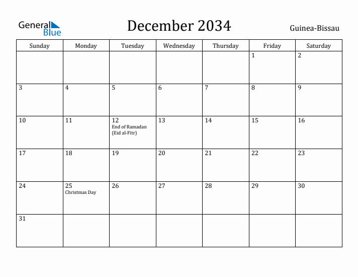 December 2034 Calendar Guinea-Bissau